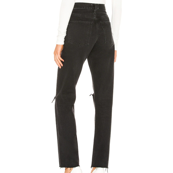 Agolde Cherie High Rise Straight Jeans Black 25x31 Busted Knee Rigid Raw Hem - Picture 2 of 12